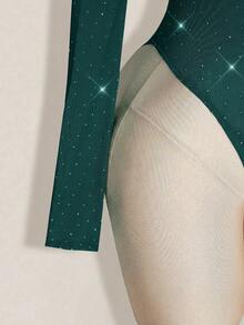 SHEIN ICON Women's Rhinestone Decor Long Sleeve Bodysuit - Dark Green - View 5