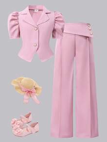 SHEIN Conjunto informal de niña preadolescente con chaqueta de manga de pétalo de un solo botonadura de unicolor y pantalones de pierna ancha - Rosa Pálido - Ver 3