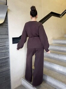 Marta Soriano 2件套女士宽松休闲裹身毛衣套装，秋冬 - 棕色 - 查看 2