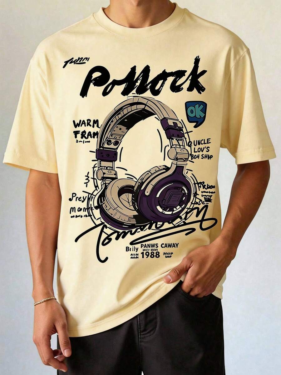 Teenager Boy Round Neck Letter & Headphone Print Casual Versatile Short Sleeve T-Shirt - Multicolor - View 1