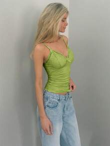 Sydney Algeri Solid Color Lace Patchwork Pleated Camisole Top - Mint Green - View 5