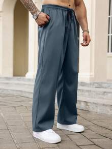 Manfinity Homme Plus Size Men's Letter Embroidered Pocket Loose Casual Pants - Dusty Blue - View 4