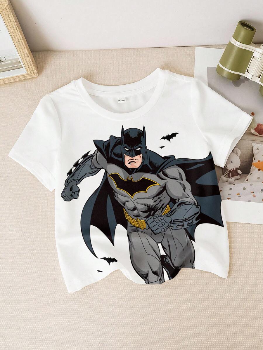BATMAN X SHEIN Áo thun ngắn tay in hình hoạt hình cho bé trai, kiểu dáng thường ngày, đa năng. - trắng - Xem 1
