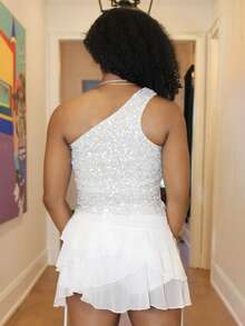 Steph T Áo sequin cổ lệch cho nữ, thích hợp cho các bữa tiệc và tụ họp, đi chơi, áo lấp lánh cho năm mới, lễ hội Carnival. - Bạc - Xem 2