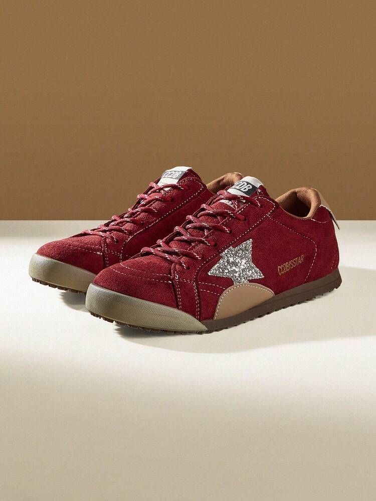 CUCCOO EASI Women's Shoes Color Matching Design Lace-Up Round Toe Flat Bottom Casual Sports Shoes Casual Style Imitation Suede PU Leather Burgundy Casual Sports Shoes Daily Outdoor Sports And Leisure