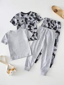 Bộ đồ mặc nhà 4 món cho bé trai, gồm áo thun cổ tròn và quần ôm sát in hình khủng long hoạt hình, kiểu dáng thường ngày. - Xám - Xem 2