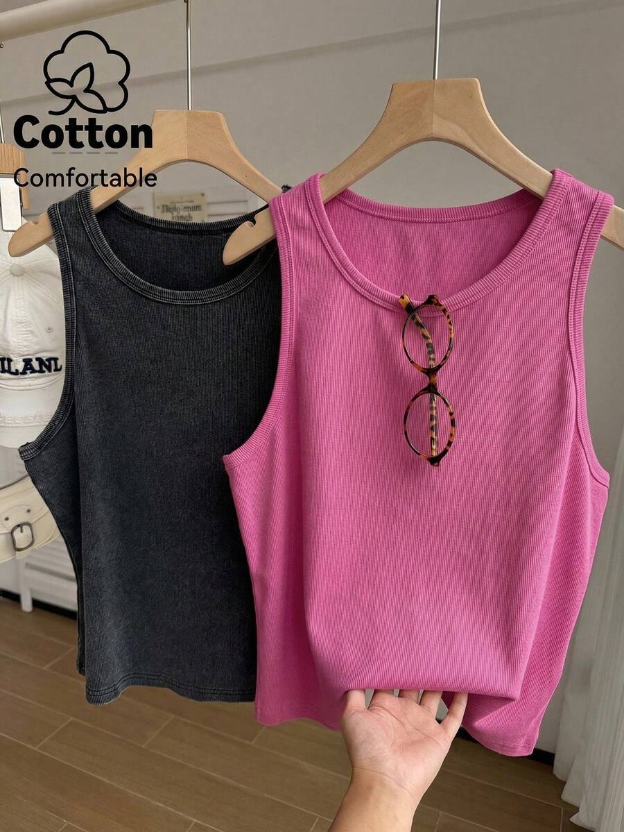 Comfortcana 2pcs/Set Brown Solid Color Sleeveless Washed Comfortable Ribbed Crew Neck Knit Tank Tops, Plus Size, Spring/Summer Gym - Hot Pink - View 1