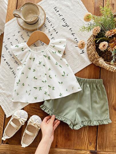 SHEIN LMoss Kids Bộ áo ngắn tay và quần short màu xanh lá cây thêu hoa cho bé gái sơ sinh, thích hợp cho mùa hè.