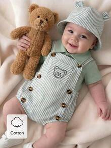 SHEIN 3pcs/Set Newborn Baby Boys' Light Green Summer Cute Family Matching Knitted Contrast Collar Shirt Bear Embroidered Striped Overall&Buttoned Hat - Green - View 1