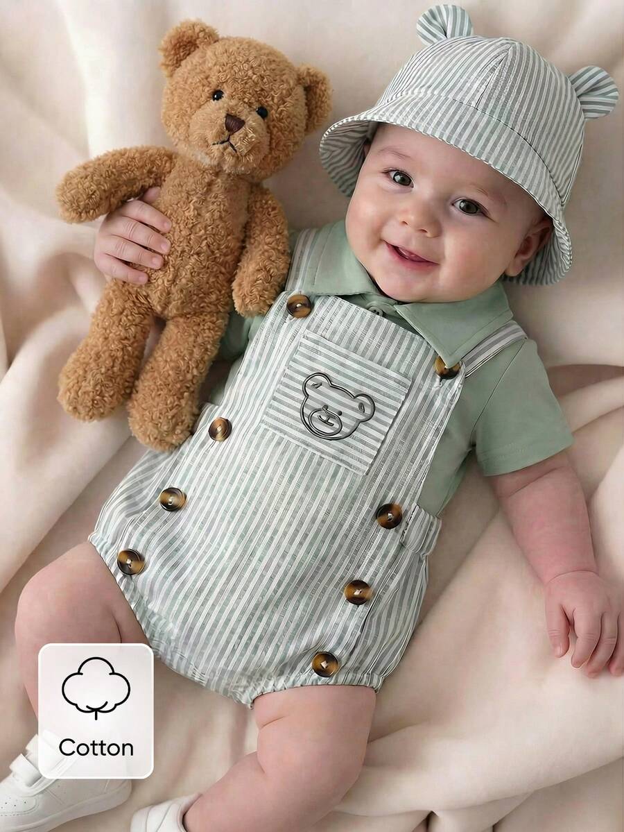SHEIN 3pcs/Set Newborn Baby Boys' Light Green Summer Cute Family Matching Knitted Contrast Collar Shirt Bear Embroidered Striped Overall&Buttoned Hat - Green - View 1