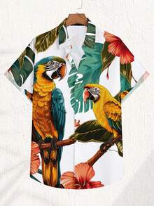 VIVINTIMO Camisa de manga corta con botones y estampado tropical de loros para vacaciones de verano de hombres - Blanco - Ver 2