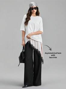 Ontre 2026春夏女士缎面绉纱面料舒适柔软吊带长款上衣，修身剪裁，蕾丝饰边点缀，不对称下摆设计，现代都市休闲商务风，低调复古韵味，适合通勤、情人节、夏季外套穿着。 - 杏色 - 查看 2