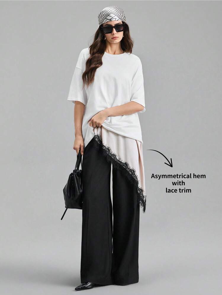 2026SS Women's Satin-Faced Crepe Fabric Comfortable Soft Spaghetti Strap Long Top, Fitted Silhouette With Lace Trim Accent, Asymmetric Hemline Design, Modern Urban Casual Business Chic, Understated Vintage Vibe, Suitable For Commuting, Valentine's Day, Summer Outerwear