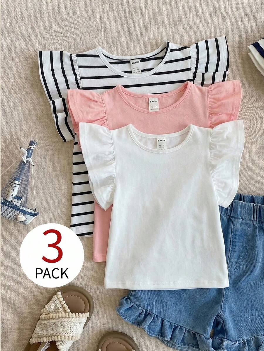 SHEIN Cô Gái Trẻ Giải trí Thoải mái Vòng cổ Ruffle Cắt tỉa Áo thun Bộ Của 3 - trắng - Xem 1