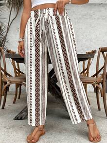 SHEIN VCAY Plus Size Women Vacation Geometric Print Drawstring Waist Pants - Multicolor - View 5