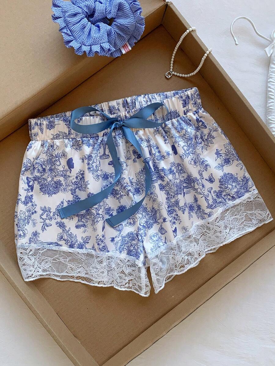 Comfortcana 花卉印花蕾丝边系带短裤，女神度假风 - 藍色 - 查看 1