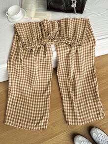 Comfortcana Beige,Summer,Casual,Picnic Women's Plaid Wide Leg Pants,Plus Size Countryside Style Checkered Trousers,Pleated Loose Drawstring Waist Yellow Bottoms - Multicolor - View 6
