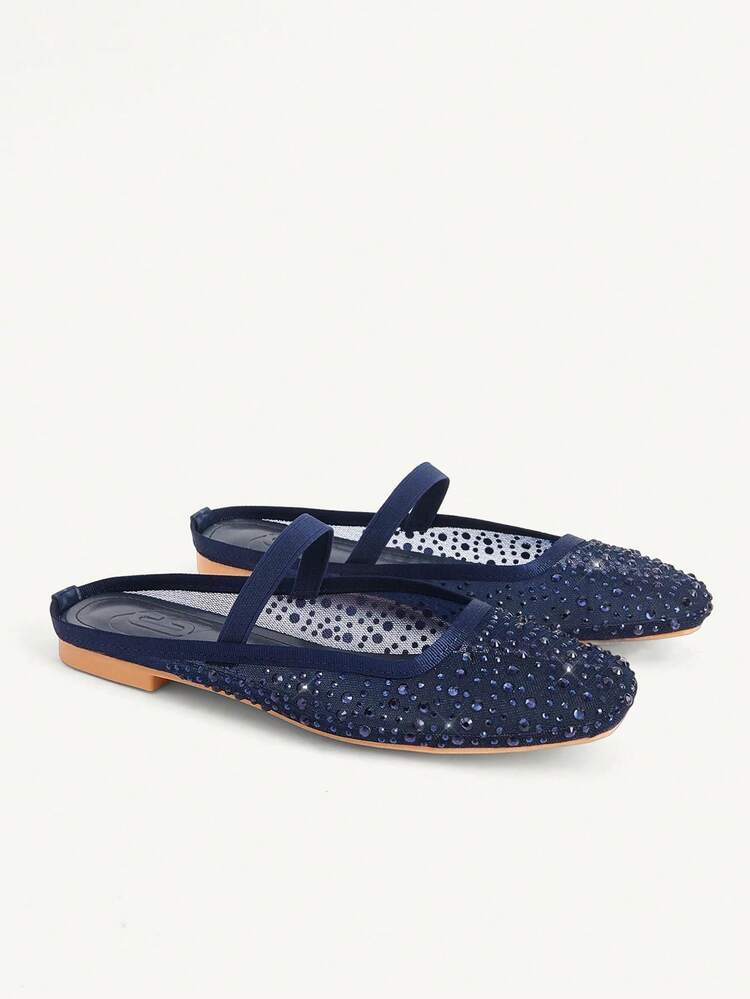 CUCCOO CHICEST Women Shoes Spring And Summer Fashion Dark Blue Full Diamond Mesh Elastic Band Women's Flat Mule Shoes Elegant When Comfortable And Cute Sweet Women's Flat Shoes Half Slippers