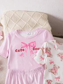 Conjunto de pijama de 3 piezas para niña con estampado floral morado y estampado de helado, de manga corta y pantalón corto - Multicolor - Ver 3