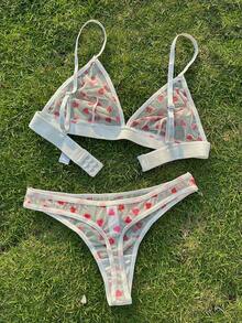 女士性感网状心形印花无钢圈文胸和丁字裤内衣套装 - 紅白色 - 查看 2