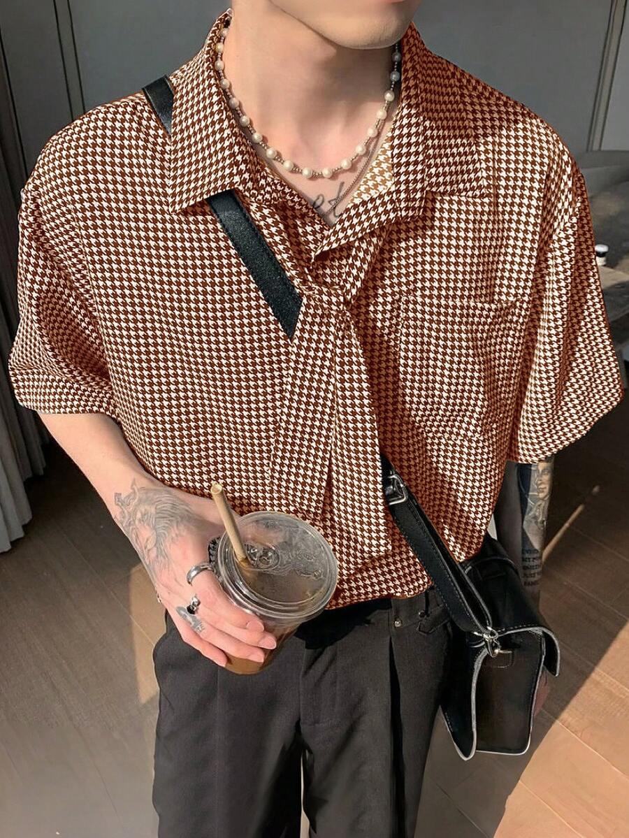 Airaco Áo sơ mi nam tay ngắn họa tiết răng cưa, có túi, kiểu dáng thường ngày. - Nhiều màu - Xem 1