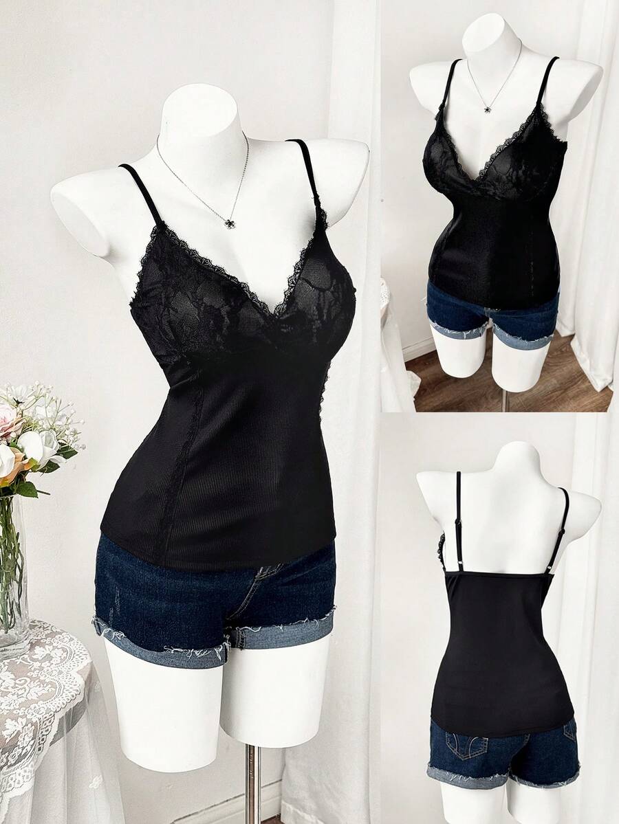 Sweetra Plus Size Women Lace Patchwork Camisole - Black - View 1