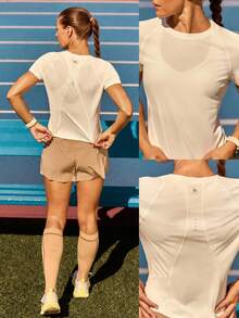 GLOWMODE Chase Your Pace Waist Length Ultra-Lightweight Quick-Dry Curved Hem Seams Reflective Regular Fit Crewneck Tee Running Training Tennis Daily Active Wear - White - View 8