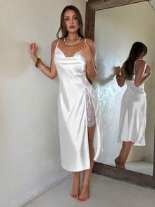 Aloruh 女士蕾丝拼接垂坠领缎面睡衣吊带裙，配有细肩带 - 白色 - 查看 8