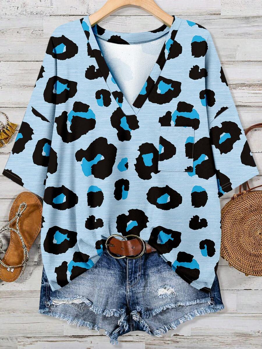 EMERY ROSE Plus Size Leopard Print Casual T-Shirt, Suitable For Summer Blue Animal Print Shirt - Blue - View 1