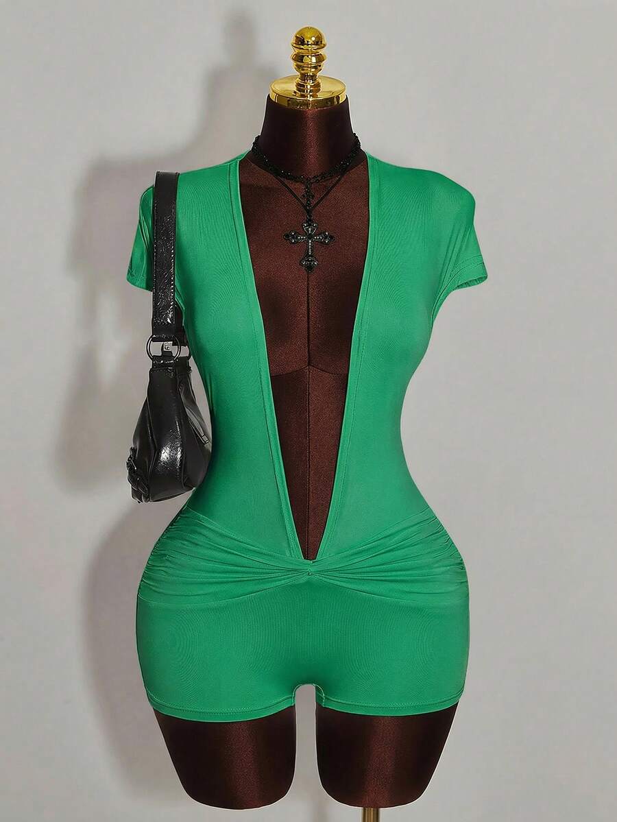 Amplova Deep Draped Neck Twist Front Jumpsuit With Ruched Sleeves - Green - View 1