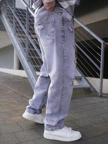 LEOGASHI LEOGASHI 男士破洞直筒牛仔裤 - 灰色 - 查看 7