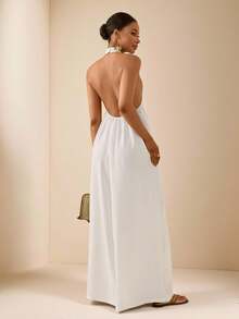 Vesra Vacation Beach Solid Color Backless Halter Wide Leg Jumpsuit - White - View 1