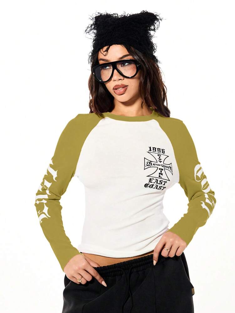 SUMWON WOMEN Women Raglan Sleeve Graphic Long Sleeve Top With East Coast Print And Contrast Sleeves