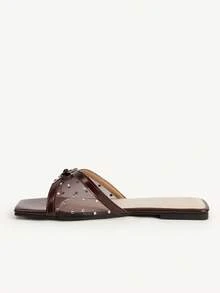 CUCCOO CHICEST Rhinestone Bow Simple Versatile Temperament Comfortable Fashion Generous Commuter Vacation Beach Flat Sandals Summer Shoes Wedding Shoes Bride Shoes - Coffee Brown - View 5