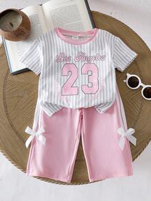 2pcs/Set Baby Girl 0-3 Years Old Casual Street Style Black T-Shirt And Pants Set - Pink - View 5