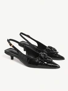 CUCCOO CHICEST Black Crocodile Pattern Pointed Kitten With Flower Back Empty Banquet Dress Single Shoes - Black - View 1