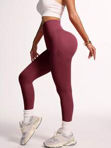 SHEIN Sports 纯色高腰舒适透气休闲日常健身紧身裤 - 酒紅色 - 查看 3