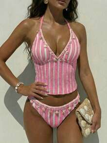 Swim Chiccia Women's Vacation Beach Striped Pendant Decorated Tankini Set - Pink - View 1