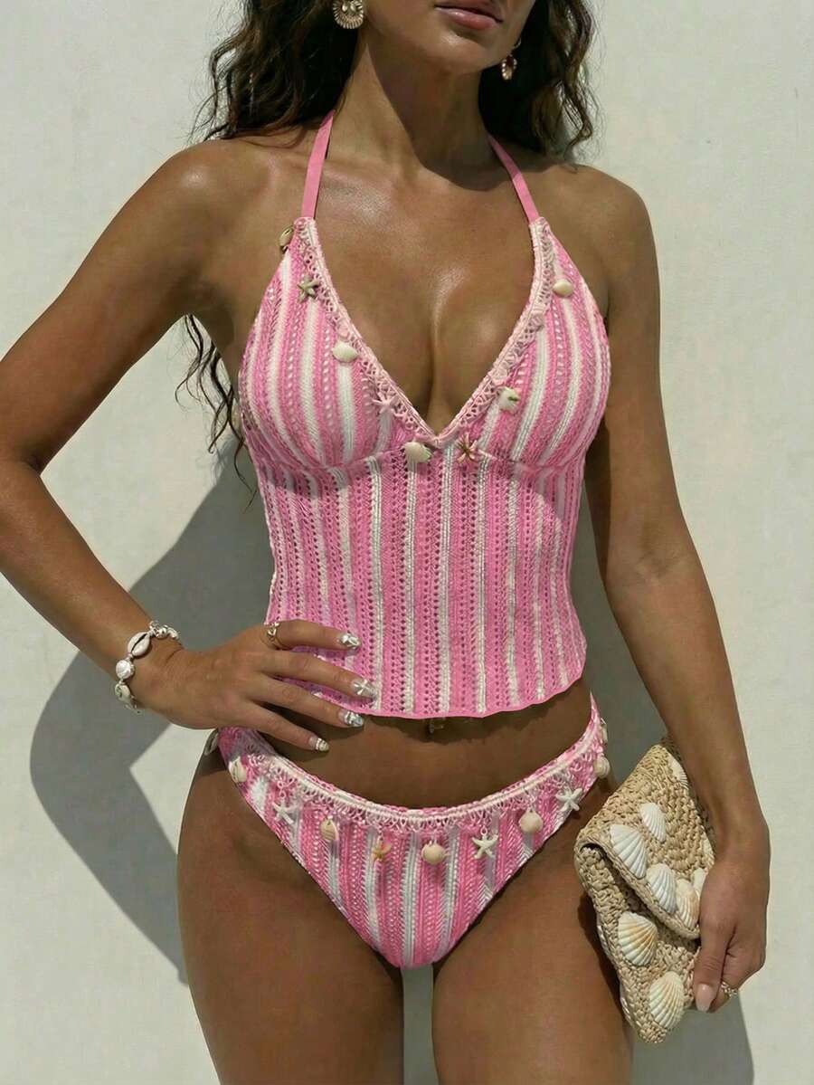 Swim Chiccia Women's Vacation Beach Striped Pendant Decorated Tankini Set - Pink - View 1