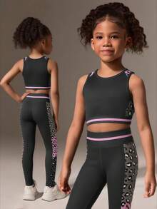 SHEIN 2pcs/Set Young Girls Leopard Print Yoga Matching Sets, Stretchy Camisole And Sports Pants, Skin-Friendly Fitness Outfit, Back To School Sets - Multicolor - View 1