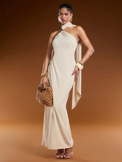 Normani Đầm nữ thanh lịch màu trơn hở lưng cổ yếm, thích hợp cho mùa hè.