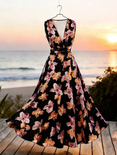 Franclia Đầm không tay cổ chữ V in hoa thanh lịch, ôm dáng, điểm nhấn là nơ hoa lãng mạn ở eo, mẫu đầm xuân hè mới dành cho nữ.