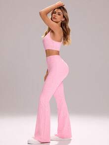 Sovereign Charm 女士豹纹露背短款背心和高腰喇叭裤套装 - 粉色 - 查看 5