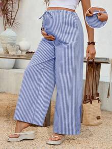 SHEIN Adjustable Waist Striped Wide Leg Loose Casual Maternity Pants - Blue - View 7