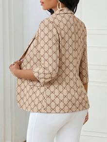 SHEIN Lady 女士蝴蝶结图案翻领七分袖薄款西装外套 - 彩色 - 查看 2