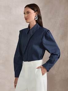 Briarwyn Camisa de mujer de manga larga a rayas con cuello asimétrico, elegante para el verano - Azul - Ver 7