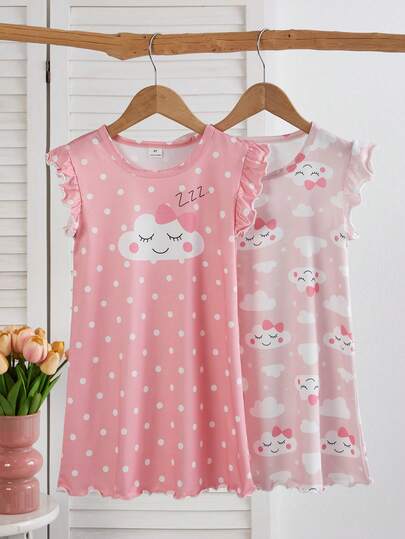 2件套女童短袖荷叶边休闲睡衣家居服套装，春夏款