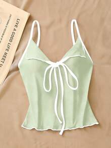 SHEIN LUNE 女士蝴蝶结荷叶边吊带背心，优雅修身 - 綠色 - 查看 5