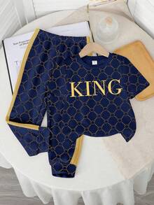 Kleine Jungen Neuer Lässiger Minimalistischer Retro Blumen Englisch Buchstabe "King" Sportlicher Amerikanischer Vintage Farbblock Bequemer Weiter Rundhals Kurzarm T-Shirt und Hose Set - Verschiedenfarbig - Übersicht 2