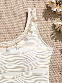 SHEIN Tween Girl Wavy Textured Shell Decor Camisole One-Piece Swimsuit And Mini Skirt, Suitable For Beach Vacation, Pool Party, Beach Party - Beige - View 3